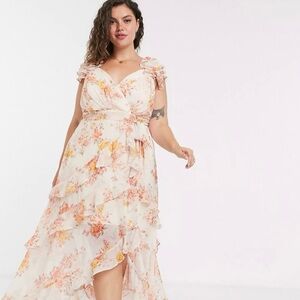 ASOS Ever New Curve shoulder midi dress in orange floral
